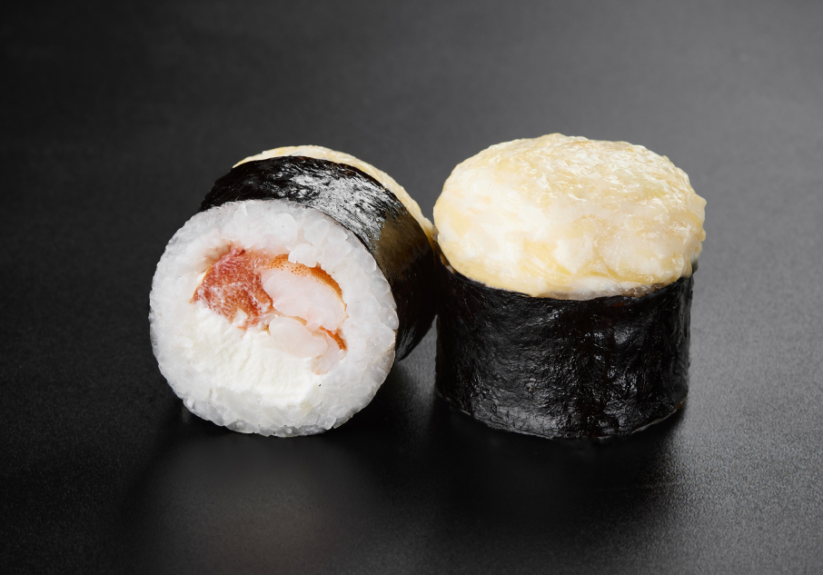 Запеченный ролл с креветкой (220 г, 8 шт) на 100 гр 197ккал б 9, ж 7, у 23