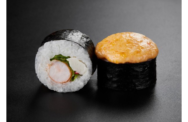 Запеченный ролл Эби (острая шапочка) (220 г, 8 шт) на 100 гр 290 ккал б 12, ж 12, у 31